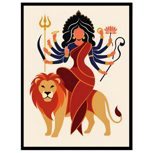 Celebrate the celestial strength and grace of Goddess Durga as she majestically sits atop her lion for haven