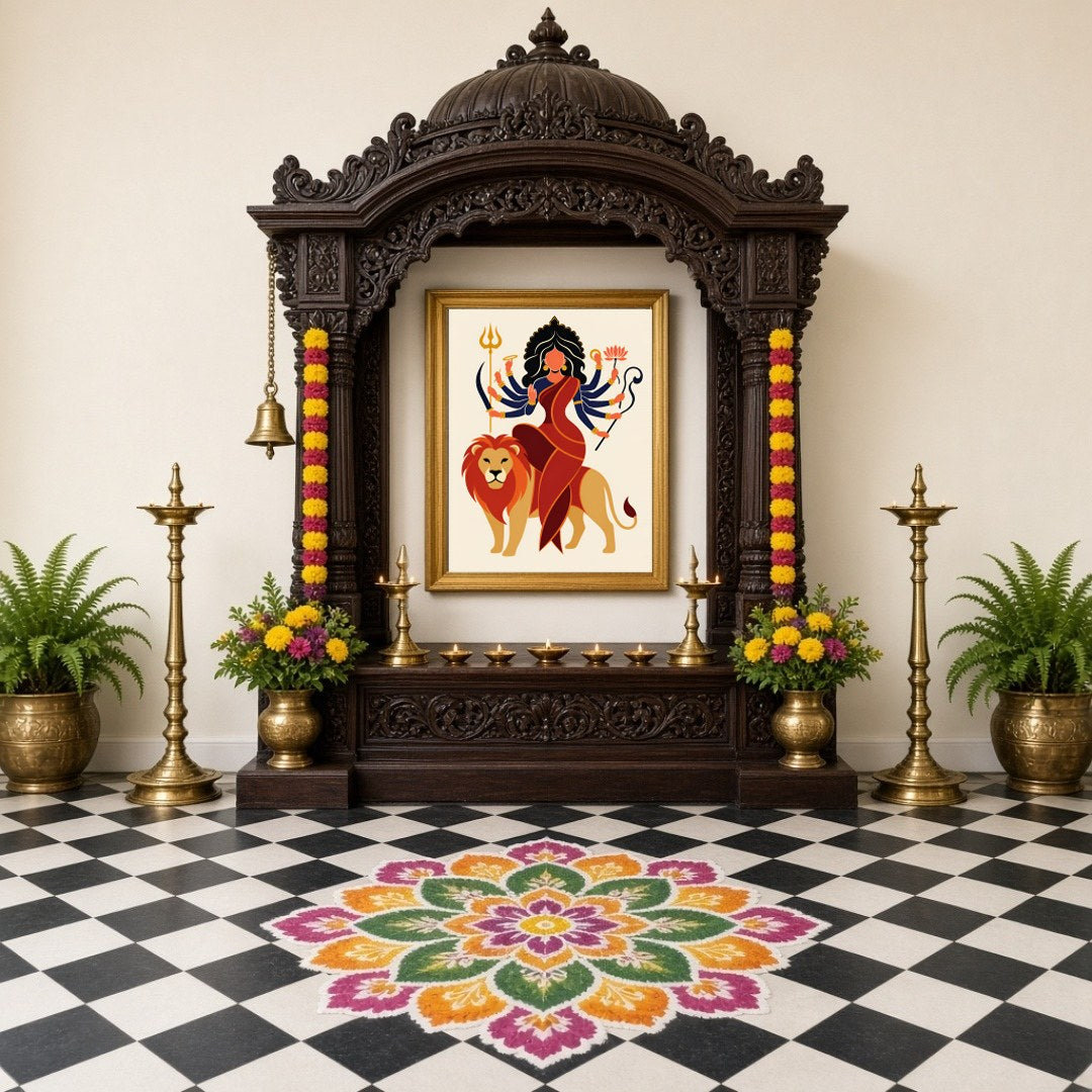Celebrate the celestial strength and grace of Goddess Durga as she majestically sits atop her lion for Home Temple