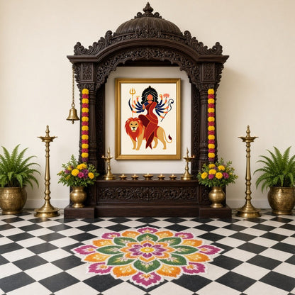 Celebrate the celestial strength and grace of Goddess Durga as she majestically sits atop her lion for Home Temple