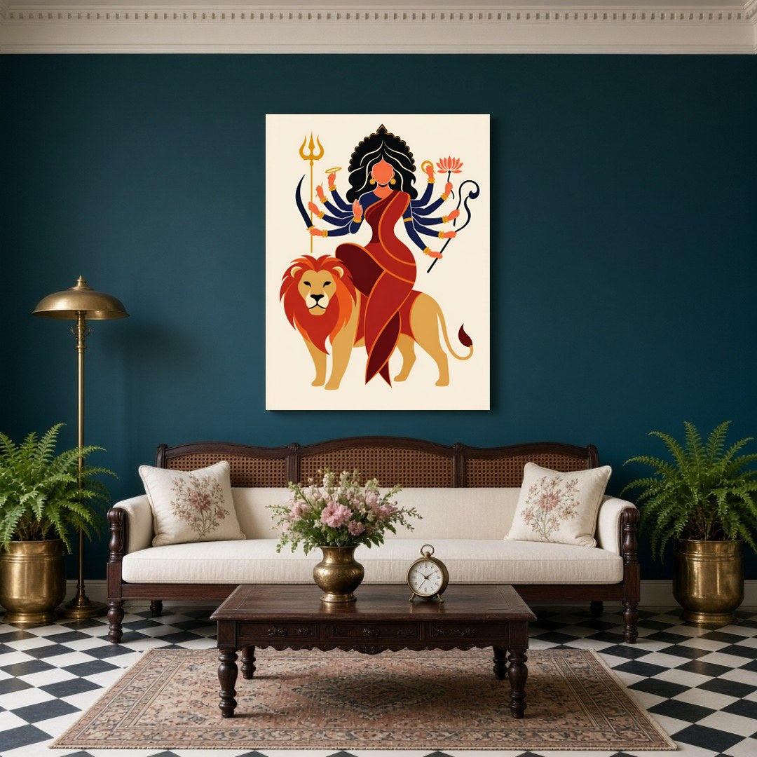Celebrate the celestial strength and grace of Goddess Durga as she majestically sits atop her lion for Living Room