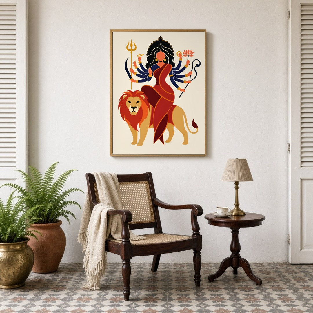 Celebrate the celestial strength and grace of Goddess Durga as she majestically sits atop her lion for Sitting Lounge