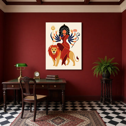 Celebrate the celestial strength and grace of Goddess Durga as she majestically sits atop her lion for Study