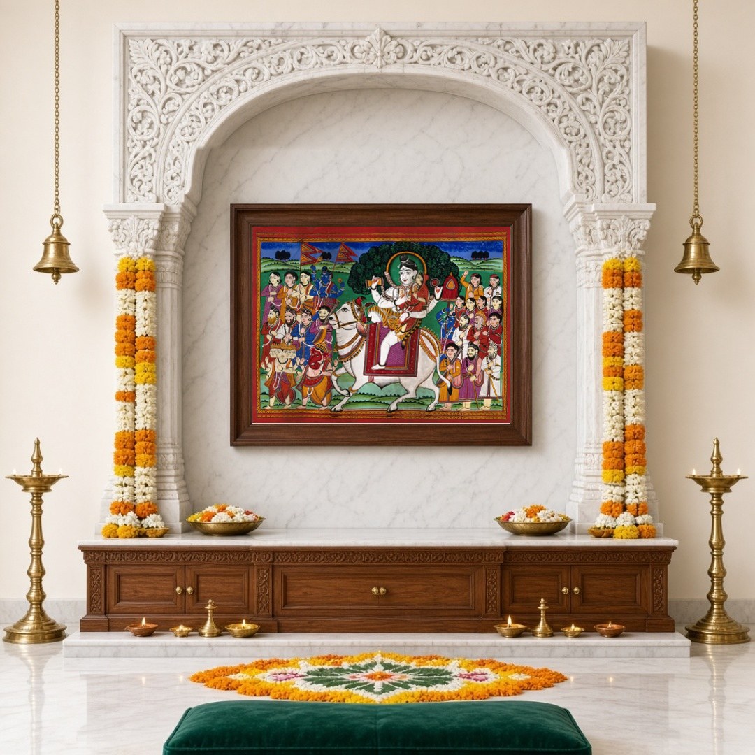 Experience the divine journey of Lord Shiva and Parvati as they grace the celestial Nandi amidst a for Home Temple