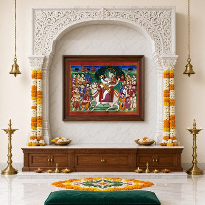 Experience the divine journey of Lord Shiva and Parvati as they grace the celestial Nandi amidst a for Home Temple