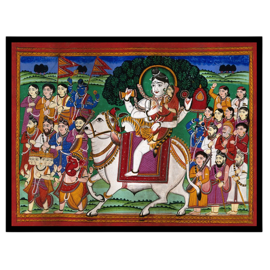 Experience the divine journey of Lord Shiva and Parvati as they grace the celestial Nandi amidst a for office