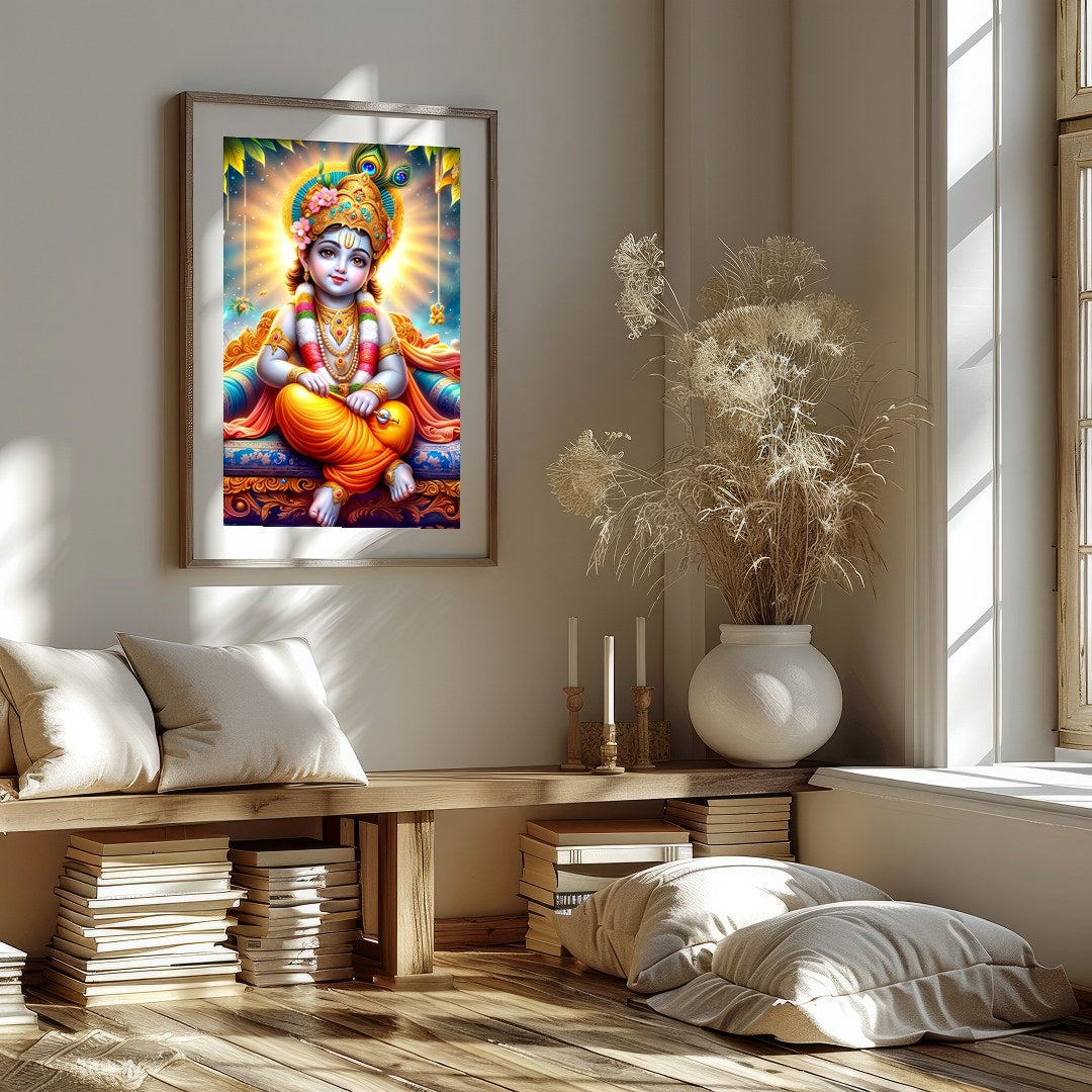 This captivating artwork depicts the divine child Krishna adorned in vibrant traditional attire, for area