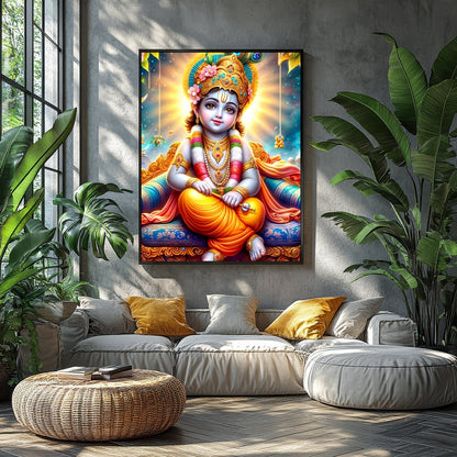 This captivating artwork depicts the divine child Krishna adorned in vibrant traditional attire, for Balcony