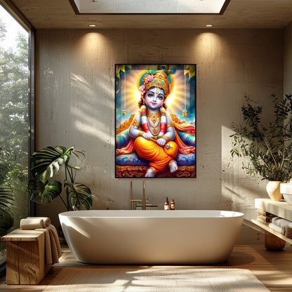 This captivating artwork depicts the divine child Krishna adorned in vibrant traditional attire, for Bathroom