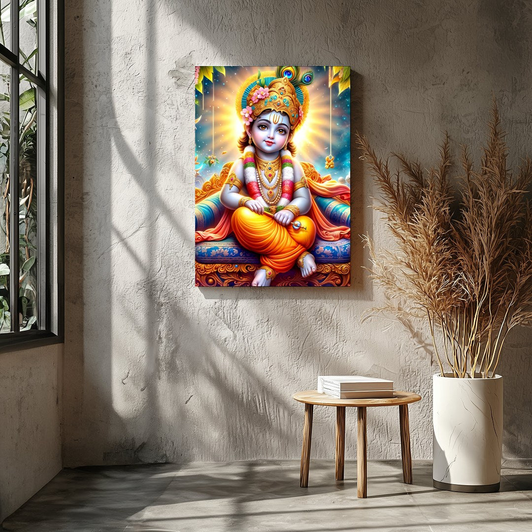 This captivating artwork depicts the divine child Krishna adorned in vibrant traditional attire, for Entrance