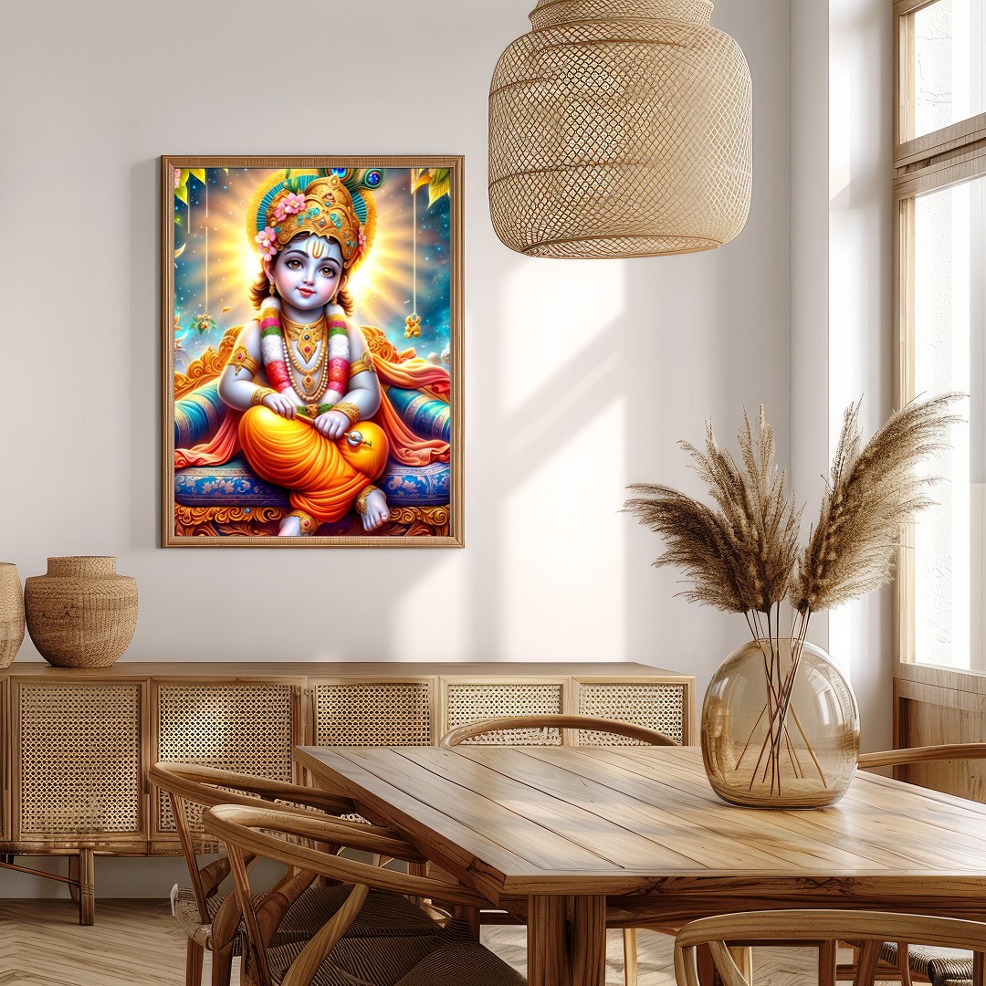 This captivating artwork depicts the divine child Krishna adorned in vibrant traditional attire, for Extra Kitchen