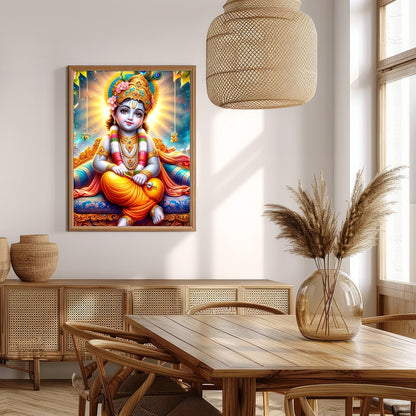 This captivating artwork depicts the divine child Krishna adorned in vibrant traditional attire, for Extra Kitchen
