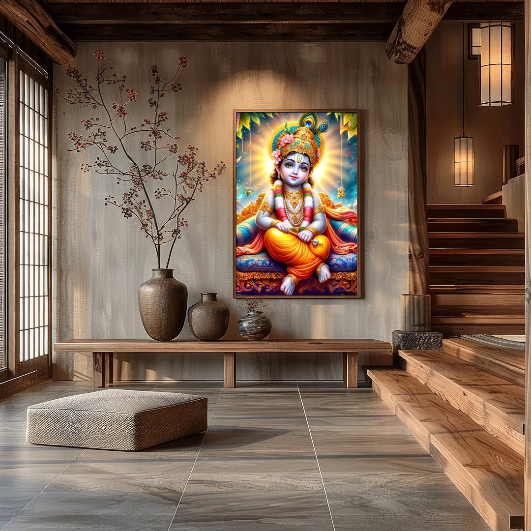 This captivating artwork depicts the divine child Krishna adorned in vibrant traditional attire, for Hall