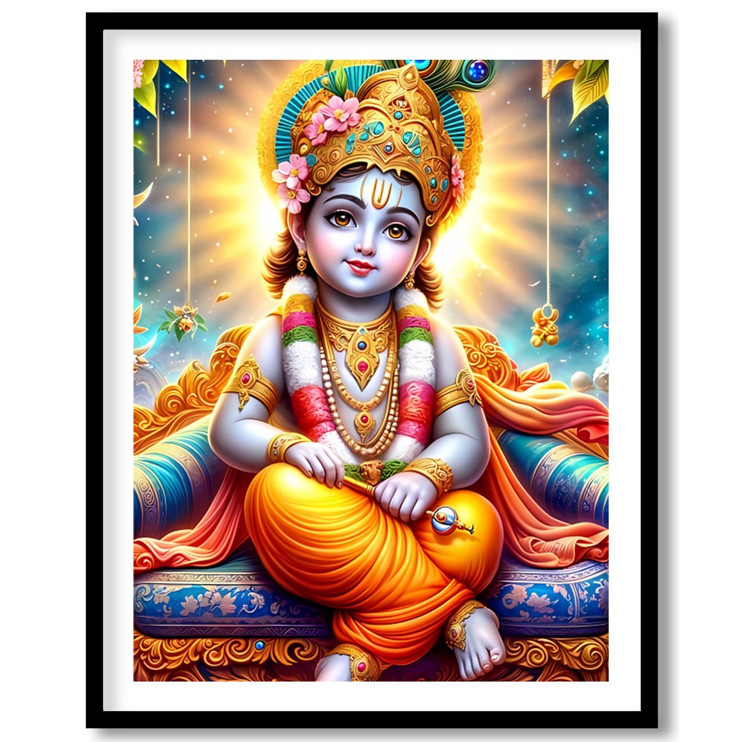 This captivating artwork depicts the divine child Krishna adorned in vibrant traditional attire, for house