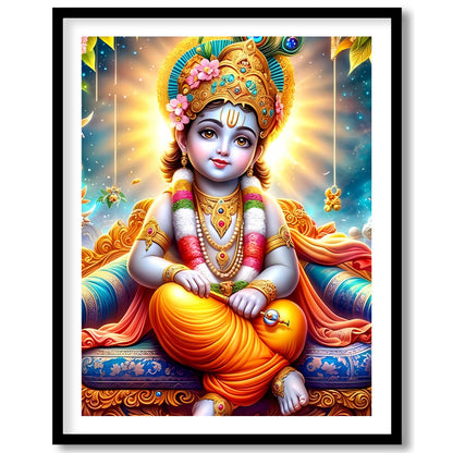 This captivating artwork depicts the divine child Krishna adorned in vibrant traditional attire, for house