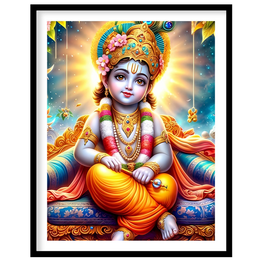 This captivating artwork depicts the divine child Krishna adorned in vibrant traditional attire, for house