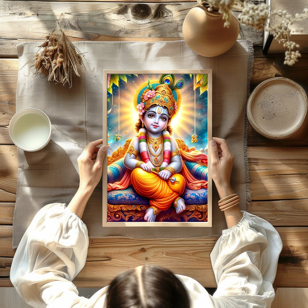This captivating artwork depicts the divine child Krishna adorned in vibrant traditional attire, for Kitchen