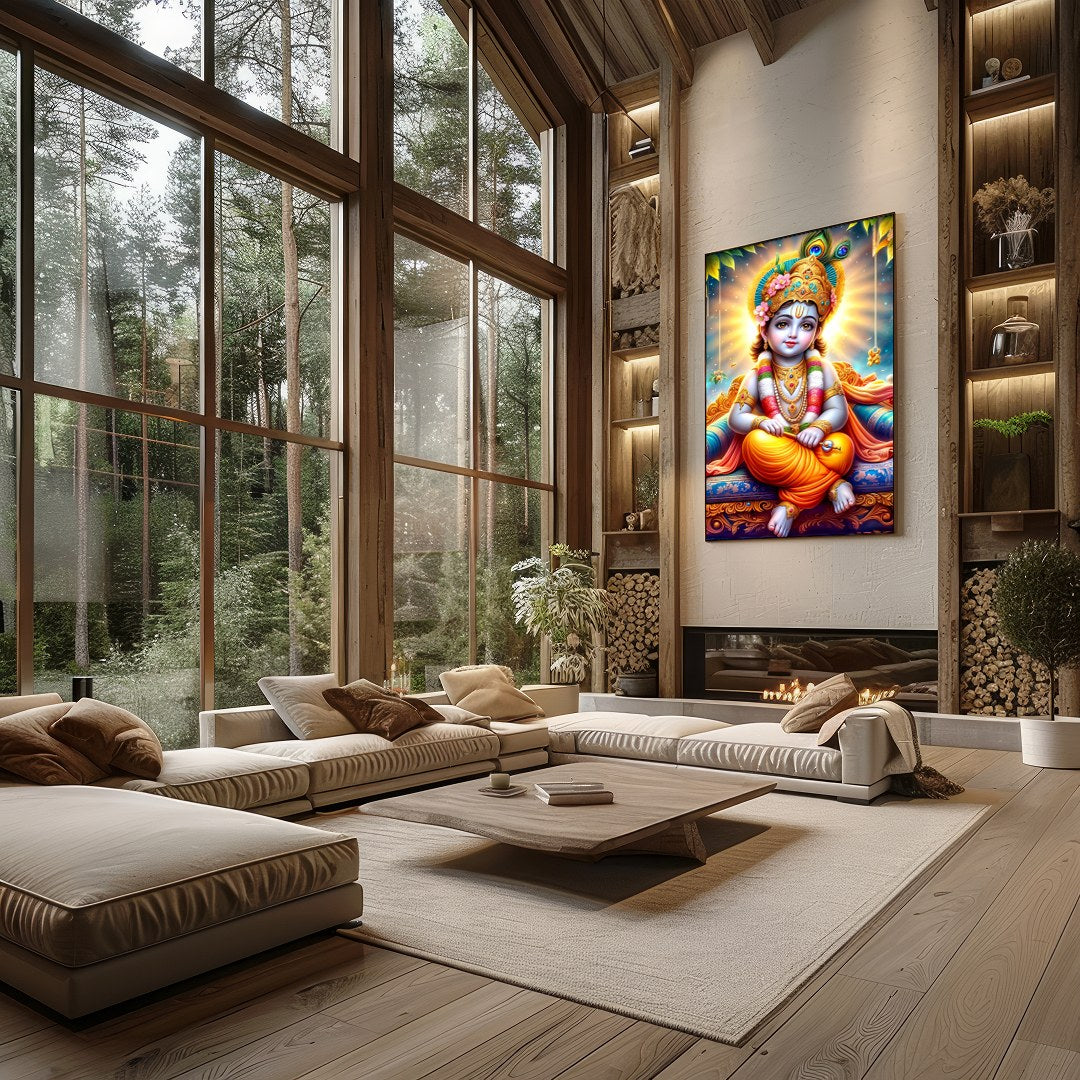 This captivating artwork depicts the divine child Krishna adorned in vibrant traditional attire, for Living Room