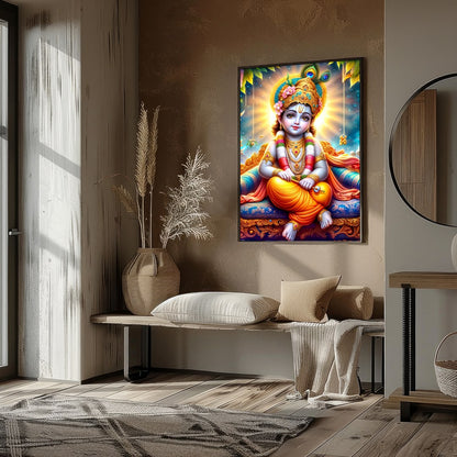 This captivating artwork depicts the divine child Krishna adorned in vibrant traditional attire, for lovely-house