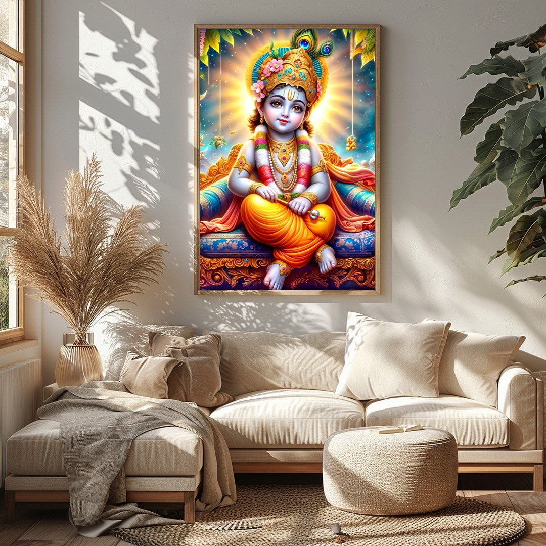 This captivating artwork depicts the divine child Krishna adorned in vibrant traditional attire, for Sitting Area
