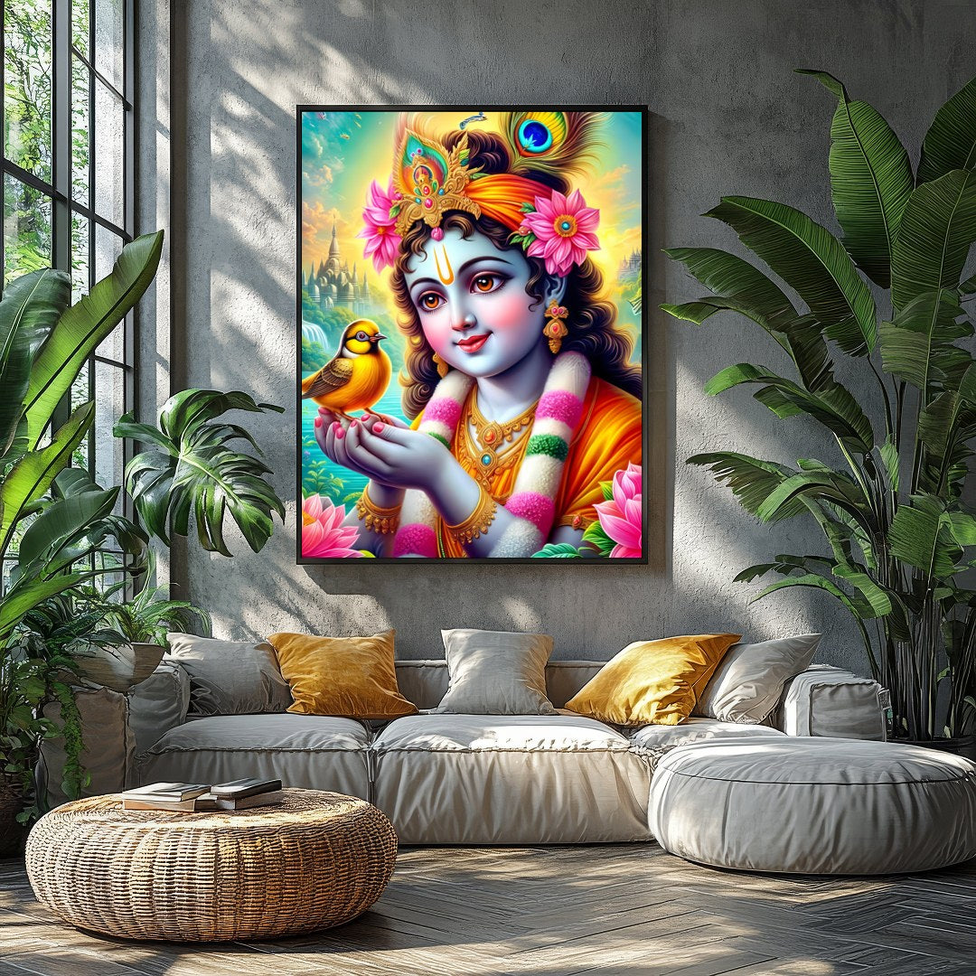 This captivating artwork showcases a divine figure cradling a bird, surrounded by a lush garden and for Balcony