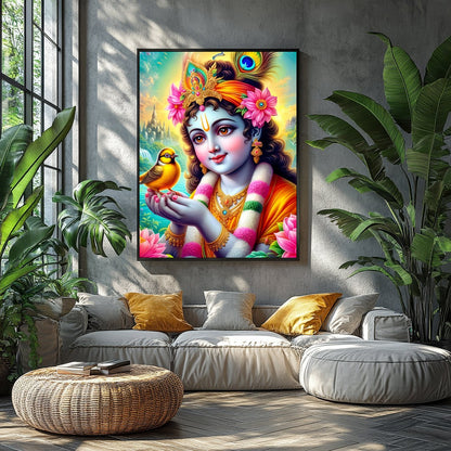 This captivating artwork showcases a divine figure cradling a bird, surrounded by a lush garden and for Balcony