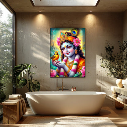 This captivating artwork showcases a divine figure cradling a bird, surrounded by a lush garden and for Bathroom