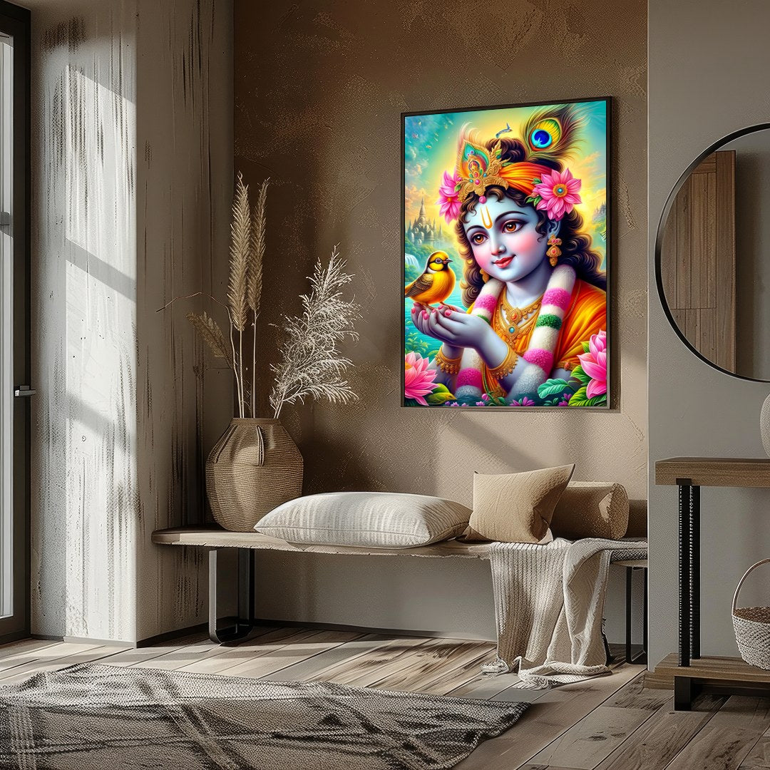 This captivating artwork showcases a divine figure cradling a bird, surrounded by a lush garden and for dwelling