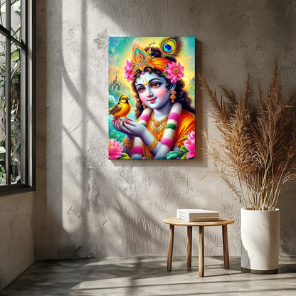 This captivating artwork showcases a divine figure cradling a bird, surrounded by a lush garden and for Entrance