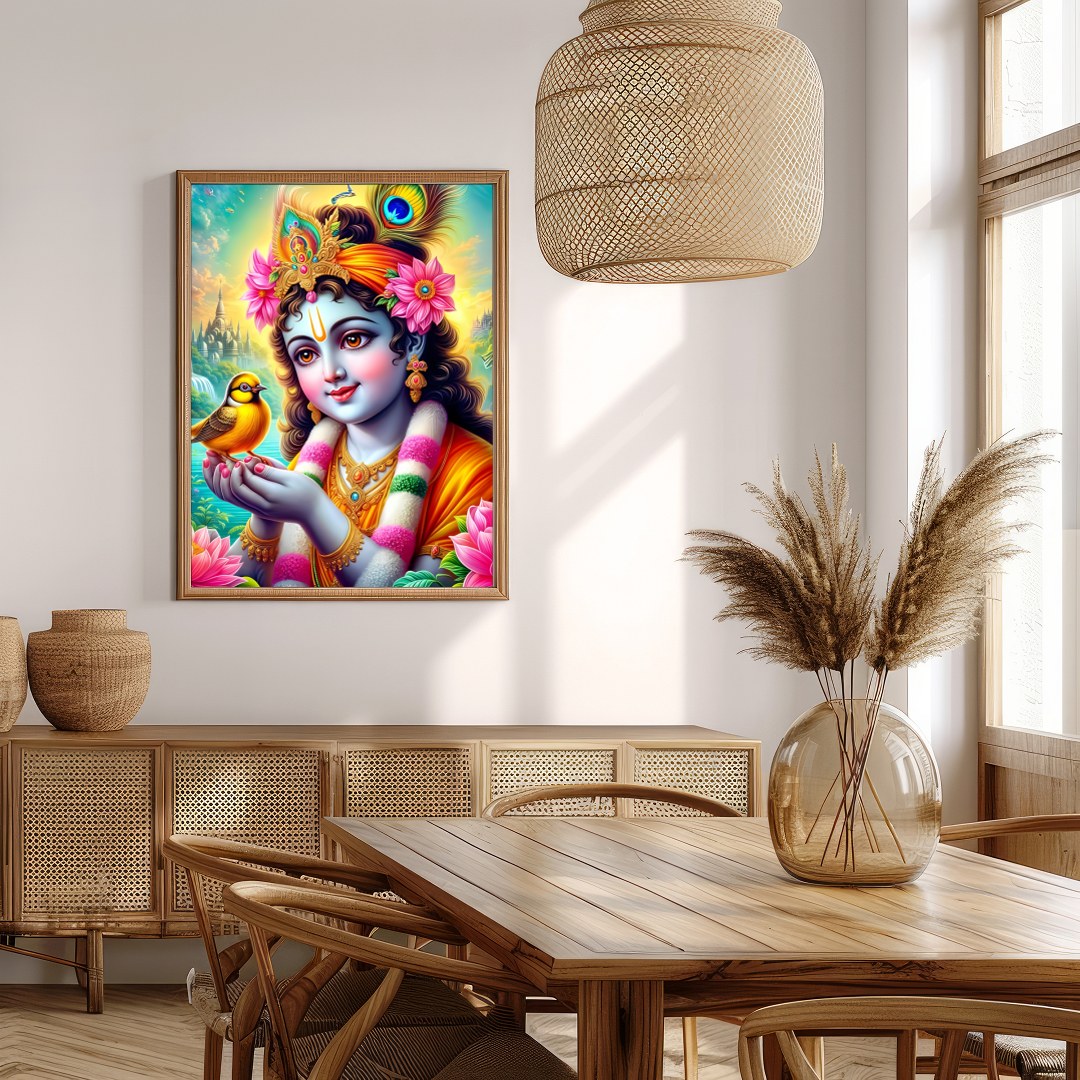 This captivating artwork showcases a divine figure cradling a bird, surrounded by a lush garden and for Extra Kitchen