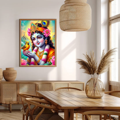 This captivating artwork showcases a divine figure cradling a bird, surrounded by a lush garden and for Extra Kitchen