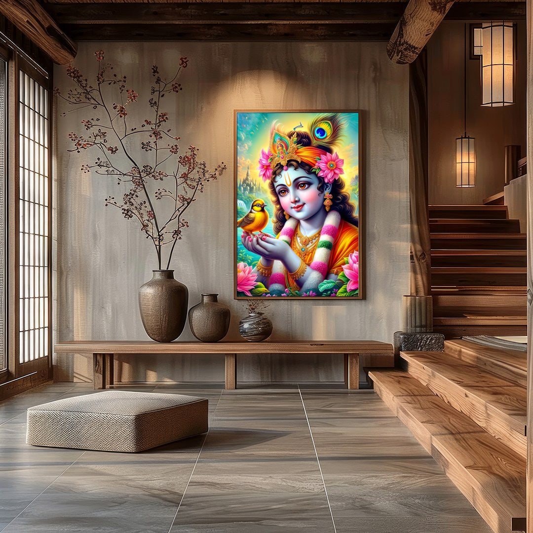 This captivating artwork showcases a divine figure cradling a bird, surrounded by a lush garden and for Hall