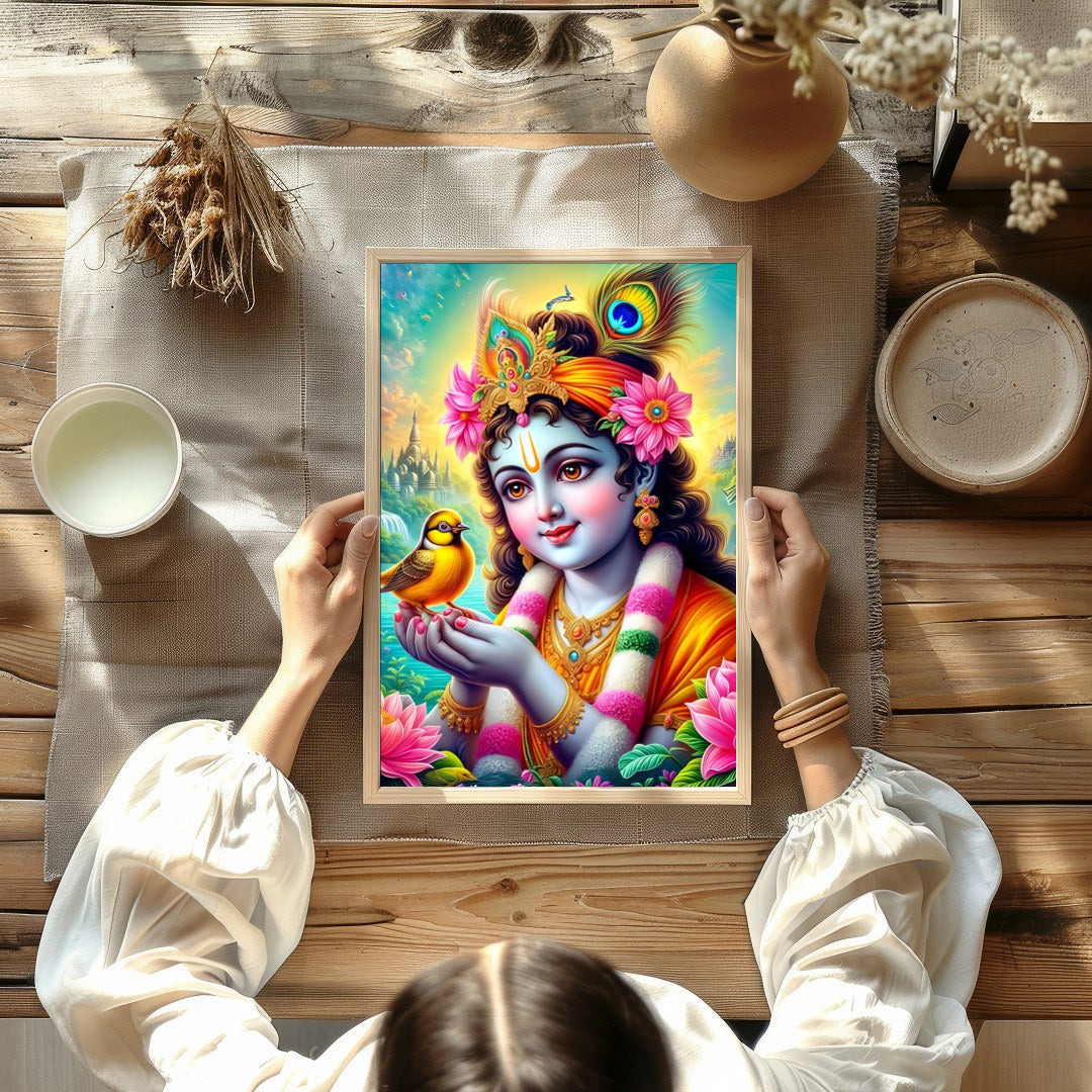 This captivating artwork showcases a divine figure cradling a bird, surrounded by a lush garden and for Kitchen