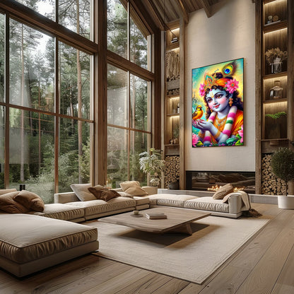 This captivating artwork showcases a divine figure cradling a bird, surrounded by a lush garden and for Living Room