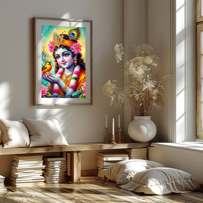 This captivating artwork showcases a divine figure cradling a bird, surrounded by a lush garden and for nook