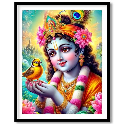 This captivating artwork showcases a divine figure cradling a bird, surrounded by a lush garden and for office