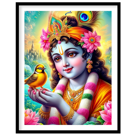 This captivating artwork showcases a divine figure cradling a bird, surrounded by a lush garden and for office