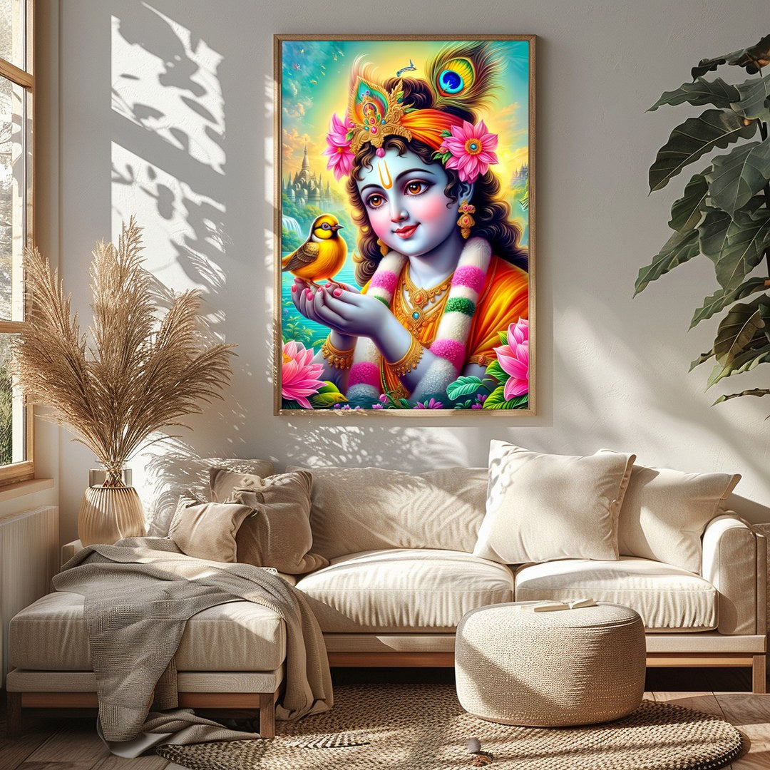 This captivating artwork showcases a divine figure cradling a bird, surrounded by a lush garden and for Sitting Area