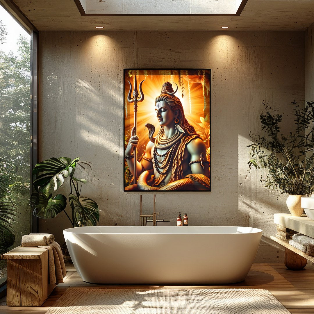 Immerse yourself in the divine presence of Shiva with this captivating artwork. The radiance of for Bathroom