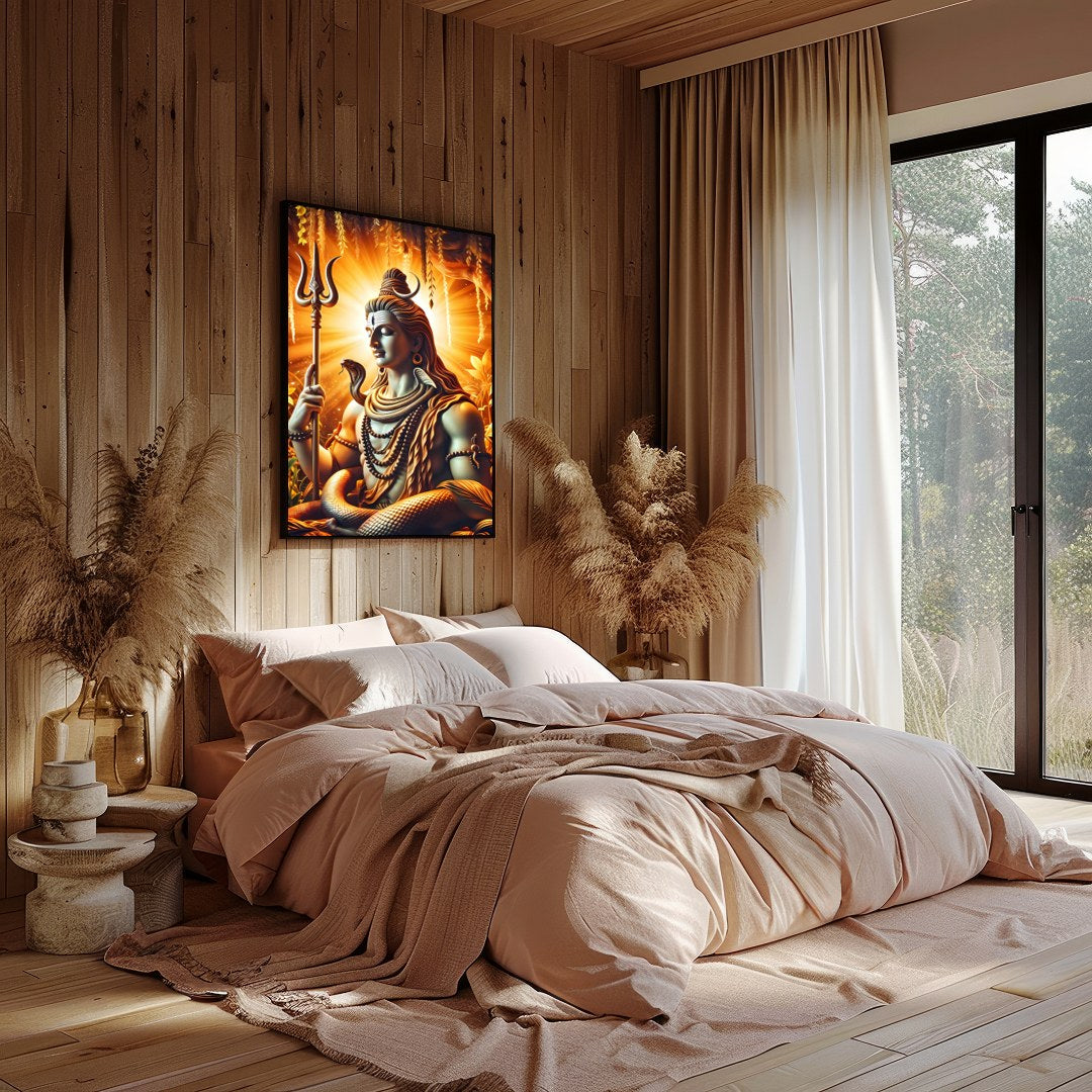 Immerse yourself in the divine presence of Shiva with this captivating artwork. The radiance of for Bedroom