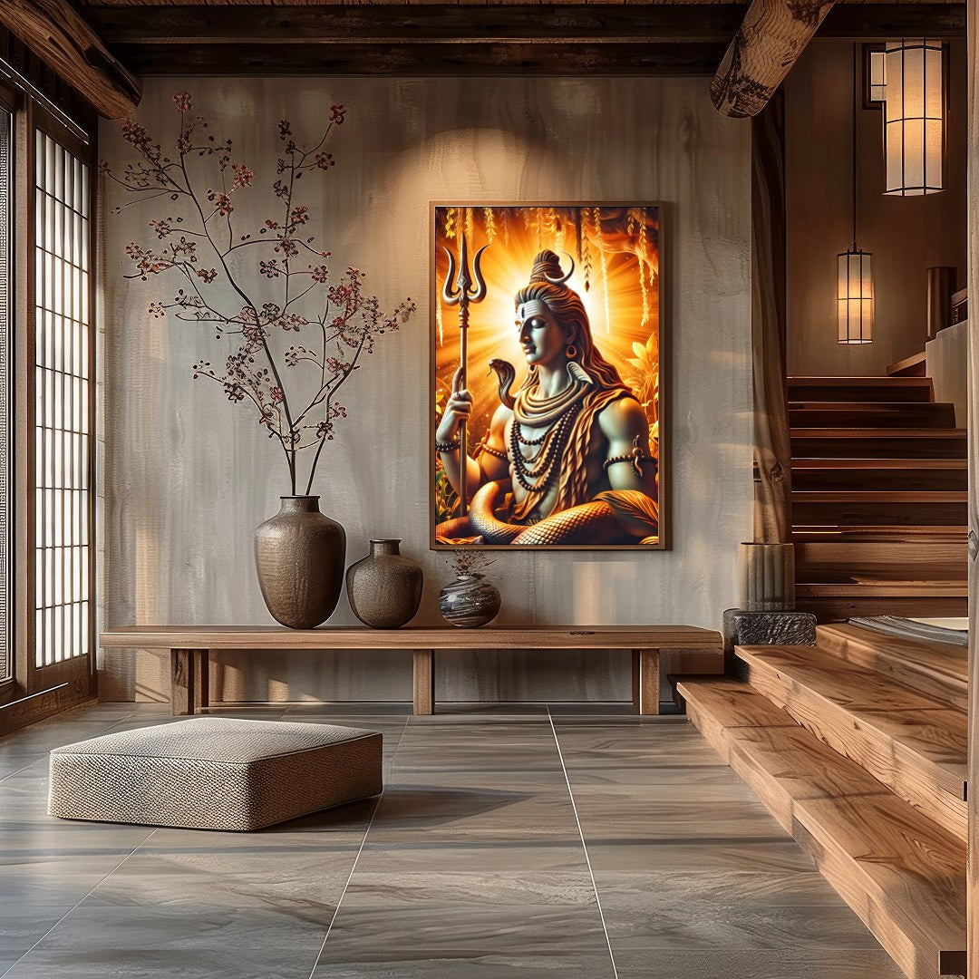 Immerse yourself in the divine presence of Shiva with this captivating artwork. The radiance of for Hall