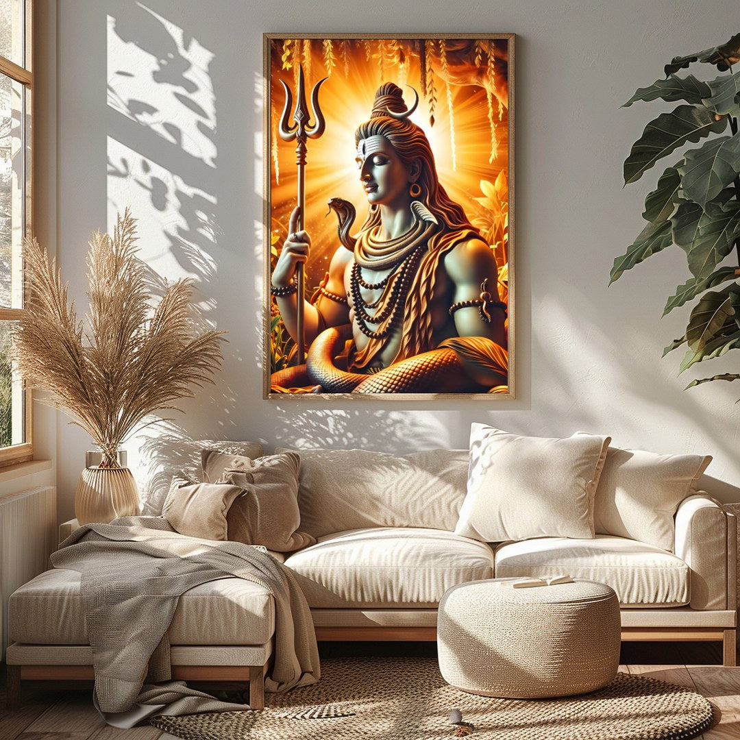 Immerse yourself in the divine presence of Shiva with this captivating artwork. The radiance of for Sitting Area