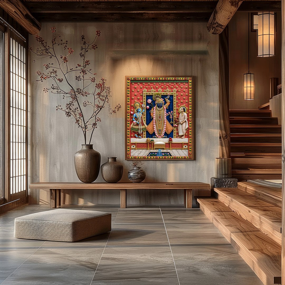 Immerse yourself in the divine aura of Shrinathji captured in this exquisite Pichwai art. The for Dining