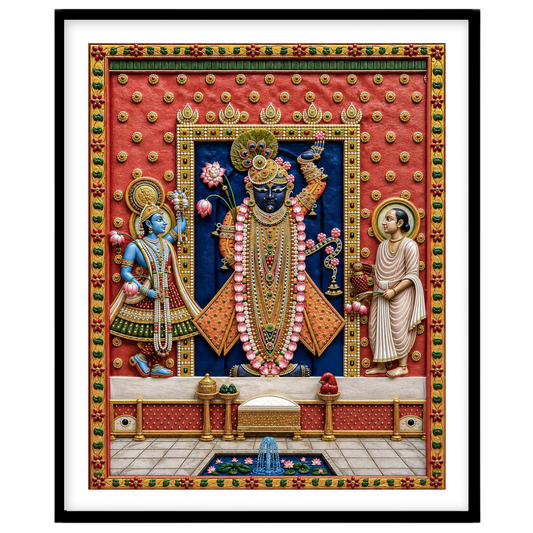 Immerse yourself in the divine aura of Shrinathji captured in this exquisite Pichwai art. The for house