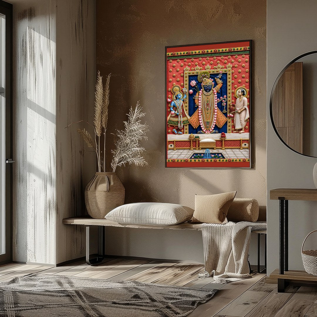 Immerse yourself in the divine aura of Shrinathji captured in this exquisite Pichwai art. The for Sitting Lounge