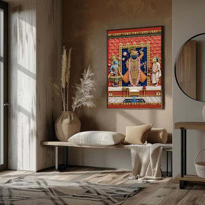Immerse yourself in the divine aura of Shrinathji captured in this exquisite Pichwai art. The for Sitting Lounge