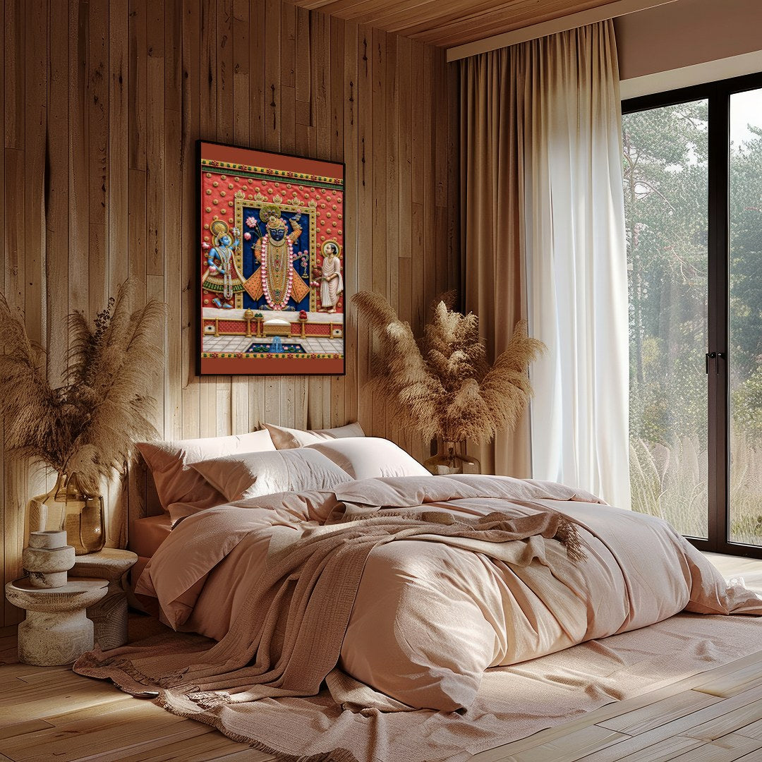 Immerse yourself in the divine aura of Shrinathji captured in this exquisite Pichwai art. The for Study
