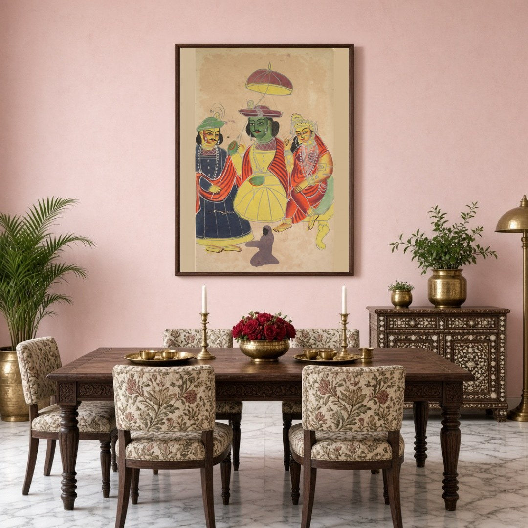 Immerse yourself in the epic tales of the Ramayana with this striking Kalighat artwork, featuring for Dining