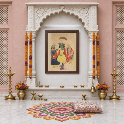 Immerse yourself in the epic tales of the Ramayana with this striking Kalighat artwork, featuring for Home Temple