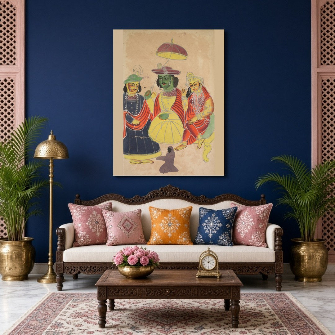 Immerse yourself in the epic tales of the Ramayana with this striking Kalighat artwork, featuring for Living Room