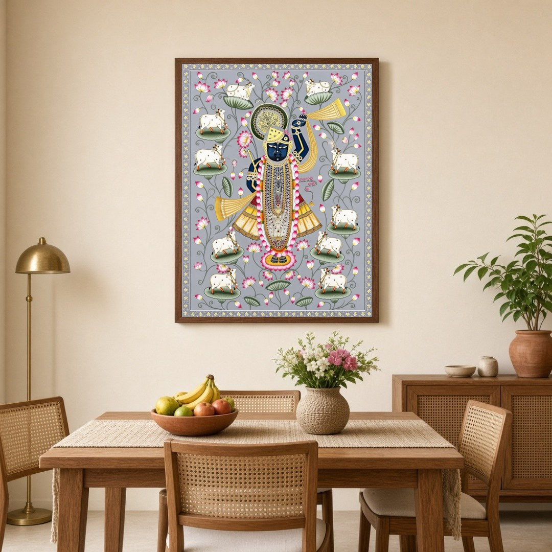Celebrate the divine grace of Shrinathji, beautifully depicted in this exquisite Pichwai art print. for Dining